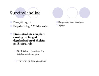 Succinylcholine
 Paralytic agent                  Respiratory m. paralysis
 Depolarizing NM blockade         Apnea


 Binds nicotinic receptors
 causing prolonged
 depolarization of skeletal
 m. & paralysis

    Skeletal m. relaxation for
    intubation & surgery

    Transient m. fasciculations
 