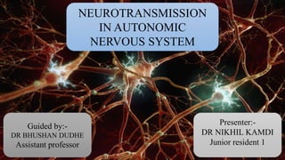NEUROTRANSMISSION
IN AUTONOMIC
NERVOUS SYSTEM
Presenter:-
DR NIKHIL KAMDI
Junior resident 1
Guided by:-
DR BHUSHAN DUDHE
Assistant professor
 