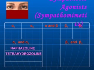 Sympathetic Agonists (Sympathomimetics)  NAPHAZOLINE TETRAHYDROZOLINE β 1  and  β 2 α 1   and  α 2 β 2 β 1 α  and  β α 2 α 1 
