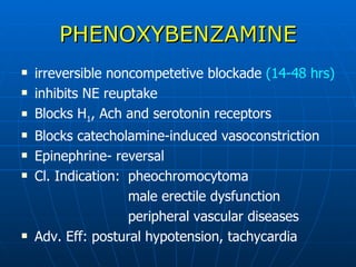 PHENOXYBENZAMINE irreversible noncompetetive blockade  (14-48 hrs) inhibits NE reuptake Blocks H 1 , Ach and serotonin receptors Blocks catecholamine-induced vasoconstriction Epinephrine- reversal Cl. Indication: pheochromocytoma male erectile dysfunction peripheral vascular diseases Adv. Eff: postural hypotension, tachycardia  