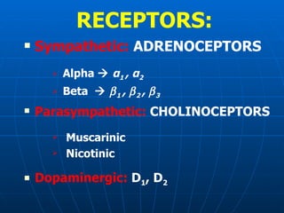 RECEPTORS: Sympathetic:  ADRENOCEPTORS Alpha     α 1  ,  α 2  Beta      1  ,   2  ,   3 Parasympathetic:  CHOLINOCEPTORS Muscarinic Nicotinic Dopaminergic:  D 1 , D 2 