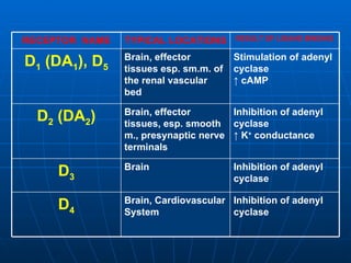 Inhibition of adenyl cyclase Brain, Cardiovascular System D 4 Inhibition of adenyl cyclase Brain D 3 Inhibition of adenyl cyclase ↑  K +  conductance Brain, effector tissues, esp. smooth m., presynaptic nerve terminals D 2  (DA 2 ) Stimulation of adenyl cyclase ↑  cAMP Brain, effector tissues esp. sm.m. of the renal vascular bed D 1  (DA 1 ), D 5 RESULT OF LIGAND BINDING TYPICAL LOCATIONS RECEPTOR  NAME 