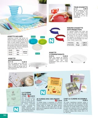 Idéale pour séparer les aliments,
cette assiette stable, ultra adhérente
possède aussi des pieds
antidérapants. Diam. 23,5 cm. Sans
bisphénol A.Avec une stabilité accrue grâce aux
pieds antidérapants, elle possède
aussi un angle de blocage pour la
cuillère et la fourchette. Diam. 23,5 cm.
Sans bisphénol A.
ASSIETTE
3 COMPARTIMENTS
DL569.BL 14,50 €
ASSIETTE
ANTIDÉRAPANTE
DL571.BL 15,90 €
TOUR D'ASSIETTE
Se fixe facilement sur les
bords de l'assiette. Plus
de "débordement" à côté
de l'assiette. Diam. tour
d’assiette de 21 à 27 cm.
Coloris blanc.
DL113 6,90 €
DL400 Blanc
9,95 €
l’unitéDL433 Vert
DL432 Bleu
ASSIETTE INCLINÉE
Légèrement inclinée, elle permet aux
aliments liquides et semi-liquides de se
porter d’un côté de l’assiette. Ses rebords
hauts et droits facilitent l’utilisation d’un
seul couvert puisque les aliments peuvent
être poussés contre les bords. Résistante,
en polycarbonate. Rebords antidérapants
faciles à saisir. Diam. 24,5 cm.
DL400
DL433DL432
REBORD D’ASSIETTE
ANTI-PROJECTION
Un ustensile pratique pour éviter que
les aliments sortent de l’assiette mais
aussi qui fournit une aide pour pousser
la nourriture sur les couverts. S’adapte
aux assiettes de diamètre de 20 à 26
cm. Passe au lave-vaisselle et au micro-
ondes. Couleur rouge ou bleu.
HT5318.B Bleu 8,90 €
HT5318.RG Rouge 8,90 €
Que vous soyez porteur
d’un handicap ou que
vous ne sachiez pas lire,
découvrez le premier livre
de cuisine accessible
à tous ! Il propose des
recettes goûteuses à
réaliser facilement grâce
aux explications mais aussi
grâce à ses illustrations.
LA CUISINE
POUR TOUS
HT5380 20,00 €
160 cartes magnétiques épaisses, faciles à
manipuler, pour créer des panneaux d’affichage
autour des aliments et leur préparation. On peut
transformer une recette simple en format visuel
en créant des séquences parmi les catégories
d’images. 2 cartes vierges à personnaliser avec
le marqueur tableau blanc (inclus). Dim. 6 x 6
cm. Dès 5 ans.
CHEF LA CUISINE ACCESSIBLE
DL556 79,90 €
19 recettes faciles à comprendre et à exécuter
grâce aux explications en pictogrammes. En suivant
chaque étape en images, les faibles lecteurs
pourront réaliser de bons petits plats et les plus
petits pourront également mettre la main à la pâte.
Bonne cuisine !
JE CUISINE AVEC DES IMAGES
HT5419 22,00 €
362
 