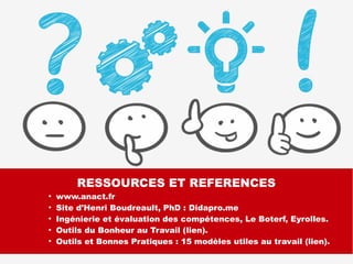 RESSOURCES ET REFERENCES
●
www.anact.fr
●
Site d'Henri Boudreault, PhD : Didapro.me
●
Ingénierie et évaluation des compétences, Le Boterf, Eyrolles.
●
Outils du Bonheur au Travail (lien).
●
Outils et Bonnes Pratiques : 15 modèles utiles au travail (lien).
 