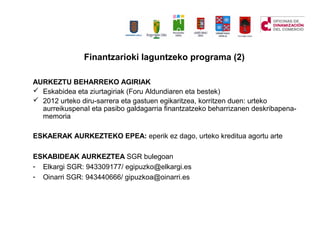 AURKEZTU BEHARREKO AGIRIAK
? Eskabidea eta ziurtagiriak (Foru Aldundiaren eta bestek)
? 2012 urteko diru-sarrera eta gastuen egikaritzea, korritzen duen: urteko
aurreikuspenaI eta pasibo galdagarria finantzatzeko beharrizanen deskribapena-
memoria
ESKAERAK AURKEZTEKO EPEA: eperik ez dago, urteko kreditua agortu arte
ESKABIDEAK AURKEZTEA SGR bulegoan
- Elkargi SGR: 943309177/ egipuzko@elkargi.es
- Oinarri SGR: 943440666/ gipuzkoa@oinarri.es
Finantzarioki laguntzeko programa (2)
 