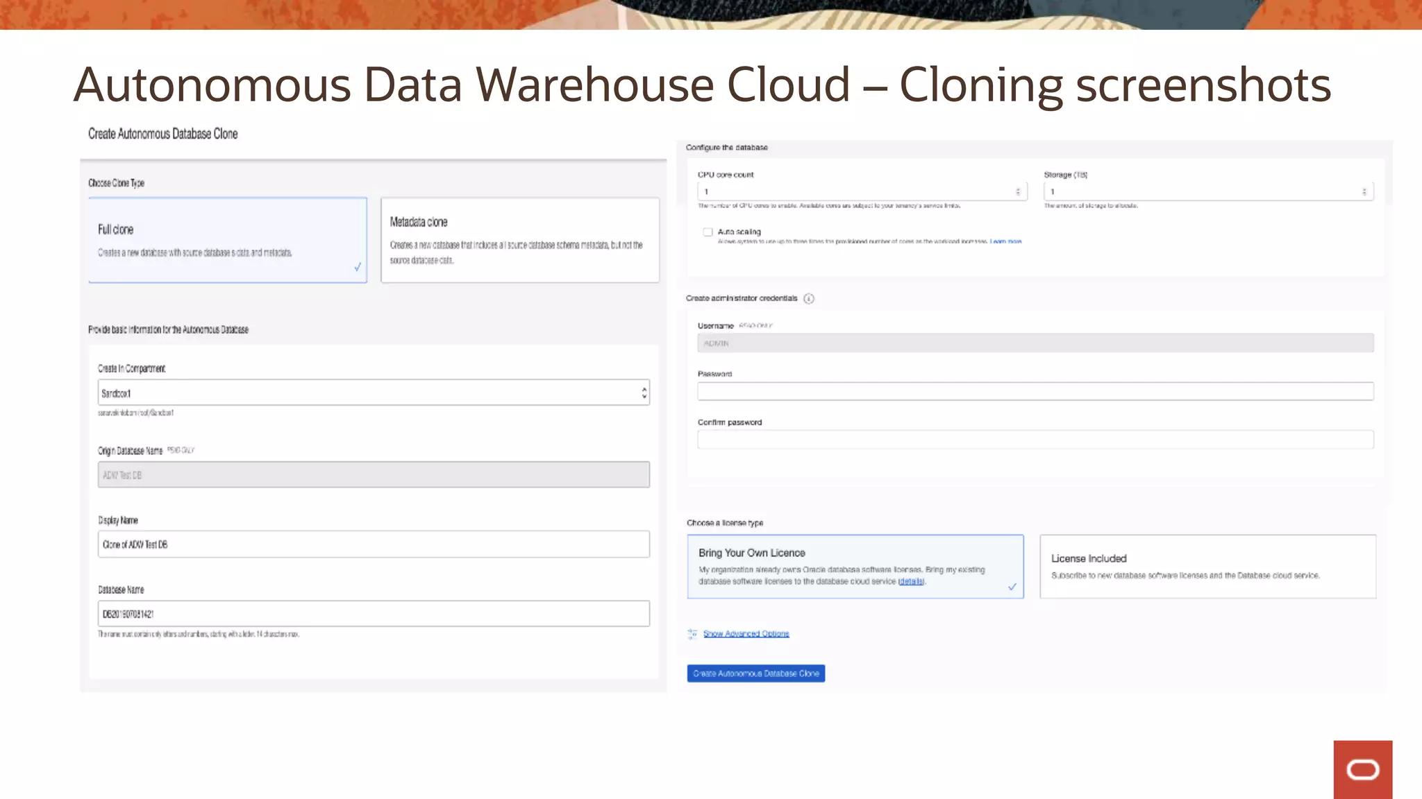 Autonomous Data Warehouse Cloud – Cloning screenshots
 