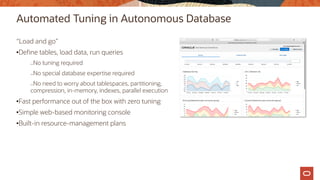 Automated Tuning in Autonomous Database
“Load and go”
•Define tables, load data, run queries
—No tuning required
—No special database expertise required
—No need to worry about tablespaces, partitioning,
compression, in-memory, indexes, parallel execution
•Fast performance out of the box with zero tuning
•Simple web-based monitoring console
•Built-in resource-management plans
 