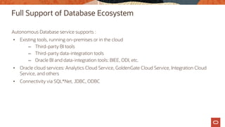 Full Support of Database Ecosystem
Autonomous Database service supports :
• Existing tools, running on-premises or in the cloud
– Third-party BI tools
– Third-party data-integration tools
– Oracle BI and data-integration tools: BIEE, ODI, etc.
• Oracle cloud services: Analytics Cloud Service, GoldenGate Cloud Service, Integration Cloud
Service, and others
• Connectivity via SQL*Net, JDBC, ODBC
 
