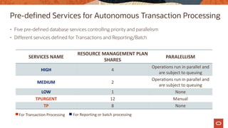 SERVICES	NAME
RESOURCE	MANAGEMENT	PLAN	
SHARES
PARALELLISM
HIGH 4
Operations	run	in	parallel	and	
are	subject	to	queuing
MEDIUM 2
Operations	run	in	parallel	and	
are	subject	to	queuing
LOW 1 None
TPURGENT 12 Manual
TP 8 None
Pre-defined Services for Autonomous Transaction Processing
• Five pre-defined database services controlling priority and parallelism
• Different services defined for Transactions and Reporting/Batch
For	Transaction	Processing For	Reporting	or	batch	processing
 