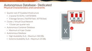 Autonomous Database- Dedicated
• Quarter rack X7 Exadata Infrastructure
• 2 severs( 92 OCPU, 1.44TB RAM)
• 3 Storage Servers ( 76.8TB Flash, 107TB Disk)
• Cluster / Virtual Cloud Network
• 1 Cluster per quarter rack
• Autonomous Container Database
• Maximum of 4 per Cluster
• Autonomous Database
• High Availability SLA – Maximum 100 DBs
• Extreme Availability SLA – Maximum 25 DBs
Physical Characteristics and constraints
RAC CLUSTER
WEB STORE
SHOP SHIP
….
 