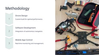 Methodology
Drone Design
Custom-built for optimal performance.
Software Development
Integration of autonomous navigation.
Mobile App Control
Real-time monitoring and management.
 