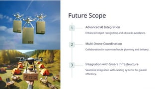 Future Scope
1 Advanced AI Integration
Enhanced object recognition and obstacle avoidance.
2 Multi-Drone Coordination
Collaboration for optimized route planning and delivery.
3 Integration with Smart Infrastructure
Seamless integration with existing systems for greater
efficiency.
 