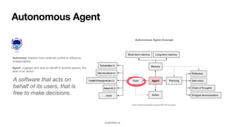 Autonomous Agent
Autonomy: freedom from external control or influence;
independence
Agent: a person who acts on behalf of another person, the
doer of an action
A software that acts on
behalf of its users, that is
free to make decisions.
superface.ai
Autonomous Agent Concept
https://lilianweng.github.io/posts/2023-06-23-agent/
 