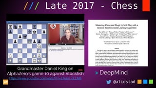 @aliostad
/// Late 2017 - Chess
> DeepMind
Grandmaster Daniel King on
AlphaZero’s game 10 against Stockﬁsh
https://www.youtube.com/watch?v=Lfkam_oLLM8
 