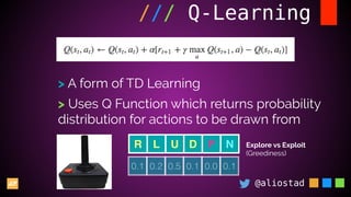 @aliostad
/// Q-Learning
> A form of TD Learning
> Uses Q Function which returns probability
distribution for actions to be drawn from
R L U D F N
0.1 0.2 0.5 0.1 0.0 0.1
Explore vs Exploit
(Greediness)
 