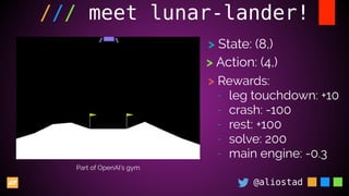 @aliostad
/// meet lunar-lander!
> State: (8,)
> Action: (4,)
> Rewards:
- leg touchdown: +10
- crash: -100
- rest: +100
- solve: 200
- main engine: -0.3
Part of OpenAI’s gym
 