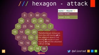 @aliostad
/// hexagon - attack
Transferring 40 resources
from the cell having 58 to
the adjacent enemy cell
having 16 results in own
having 18 and the attacked
cell 40-16=24.
 