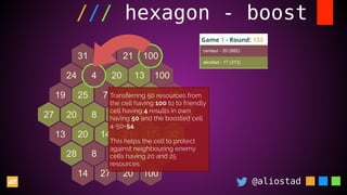 @aliostad
/// hexagon - boost
Transferring 50 resources from
the cell having 100 to to friendly
cell having 4 results in own
having 50 and the boosted cell
4-50=54.
This helps the cell to protect
against neighbouring enemy
cells having 20 and 25
resources.
 
