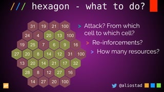 @aliostad
/// hexagon - what to do?
> Attack? From which
cell to which cell?
> Re-inforcements?
> How many resources?
 