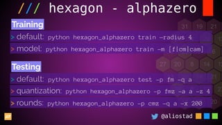 @aliostad
/// hexagon - alphazero
> default: python hexagon_alphazero train —radius 4
> model: python hexagon_alphazero train -m [f|cm|cam]
> default: python hexagon_alphazero test -p fm -q a
> quantization: python hexagon_alphazero -p fmz -a a -z 4
> rounds: python hexagon_alphazero -p cmz -q a -x 200
Training
Testing
 