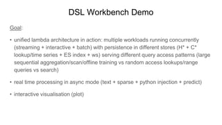 DSL Workbench Demo
Goal:
• unified lambda architecture in action: multiple workloads running concurrently
(streaming + interactive + batch) with persistence in different stores (H* + C*
lookup/time series + ES index + ws) serving different query access patterns (large
sequential aggregation/scan/offline training vs random access lookups/range queries
vs search)
• real time processing in async mode (text + sparse + python injection + predict)
• interactive visualisation (plot)
 
