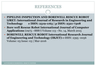 REFERENCES
 PIPELINE INSPECTION AND BOREWELL RESCUE ROBOT
IJRET: International Journal of Research in Engineering and
Technology e ISSN: 2319-1163 | p ISSN: 2321-7308
 Bore well Rescue Robot International Journal of Computer
Applications (0975 –8887) Volume 113 –No. 14, March 2015
 BOREWELL RESCUE ROBOT International Research Journal
of Engineering and Technology (IRJET) e-ISSN: 2395 -0056
Volume: 03 Issue: 03 | Mar-2016
AUTONOMOUS BOREWELL RESCUE SYSTEM
 