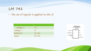 LM 741
voltage v+ 9v
voltage v- 0
Reference (0-5)v
Input (0-5)v
• The set of signals is applied to the IC
 