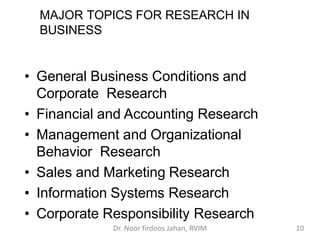 MAJOR TOPICS FOR RESEARCH IN
BUSINESS
• General Business Conditions and
Corporate Research
• Financial and Accounting Rese...