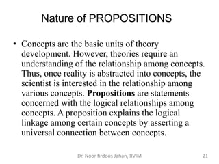 Nature of PROPOSITIONS
• Concepts are the basic units of theory
development. However, theories require an
understanding of...