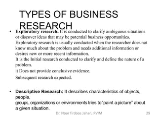 TYPES OF BUSINESS
RESEARCH
• Exploratory research: It is conducted to clarify ambiguous situations
or discover ideas that ...