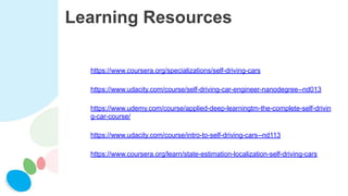Learning Resources
https://www.coursera.org/specializations/self-driving-cars
https://www.udacity.com/course/self-driving-car-engineer-nanodegree--nd013
https://www.udemy.com/course/applied-deep-learningtm-the-complete-self-drivin
g-car-course/
https://www.udacity.com/course/intro-to-self-driving-cars--nd113
https://www.coursera.org/learn/state-estimation-localization-self-driving-cars
 