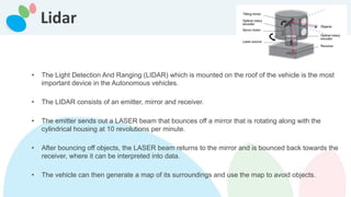 Lidar
• The Light Detection And Ranging (LIDAR) which is mounted on the roof of the vehicle is the most
important device in the Autonomous vehicles.
• The LIDAR consists of an emitter, mirror and receiver.
• The emitter sends out a LASER beam that bounces off a mirror that is rotating along with the
cylindrical housing at 10 revolutions per minute.
• After bouncing off objects, the LASER beam returns to the mirror and is bounced back towards the
receiver, where it can be interpreted into data.
• The vehicle can then generate a map of its surroundings and use the map to avoid objects.
 