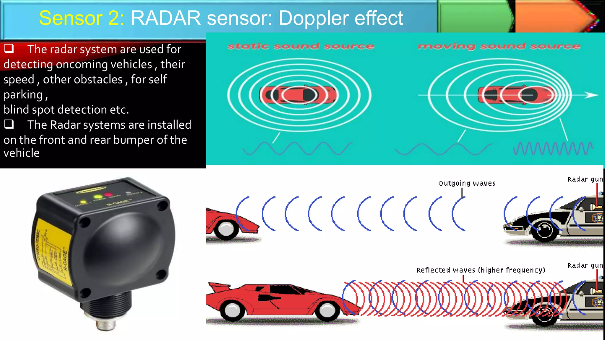 Sensor 2: RADAR sensor: Doppler effect
 The radar system are used for
detecting oncoming vehicles , their
speed , other obstacles , for self
parking ,
blind spot detection etc.
 The Radar systems are installed
on the front and rear bumper of the
vehicle
 