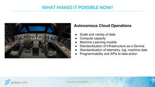 WHAT MAKES IT POSSIBLE NOW?
Autonomous Cloud Operations
● Scale and variety of data
● Compute capacity
● Machine Learning models
● Standardization of Infrastructure as a Service
● Standardization of telemetry, log, machine data
● Programmability and APIs to take action
 