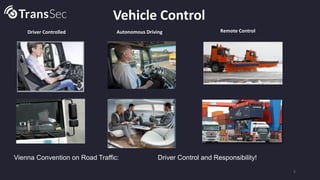Vehicle Control
5
Driver Controlled Autonomous Driving Remote Control
Vienna Convention on Road Traffic: Driver Control and Responsibility!
 