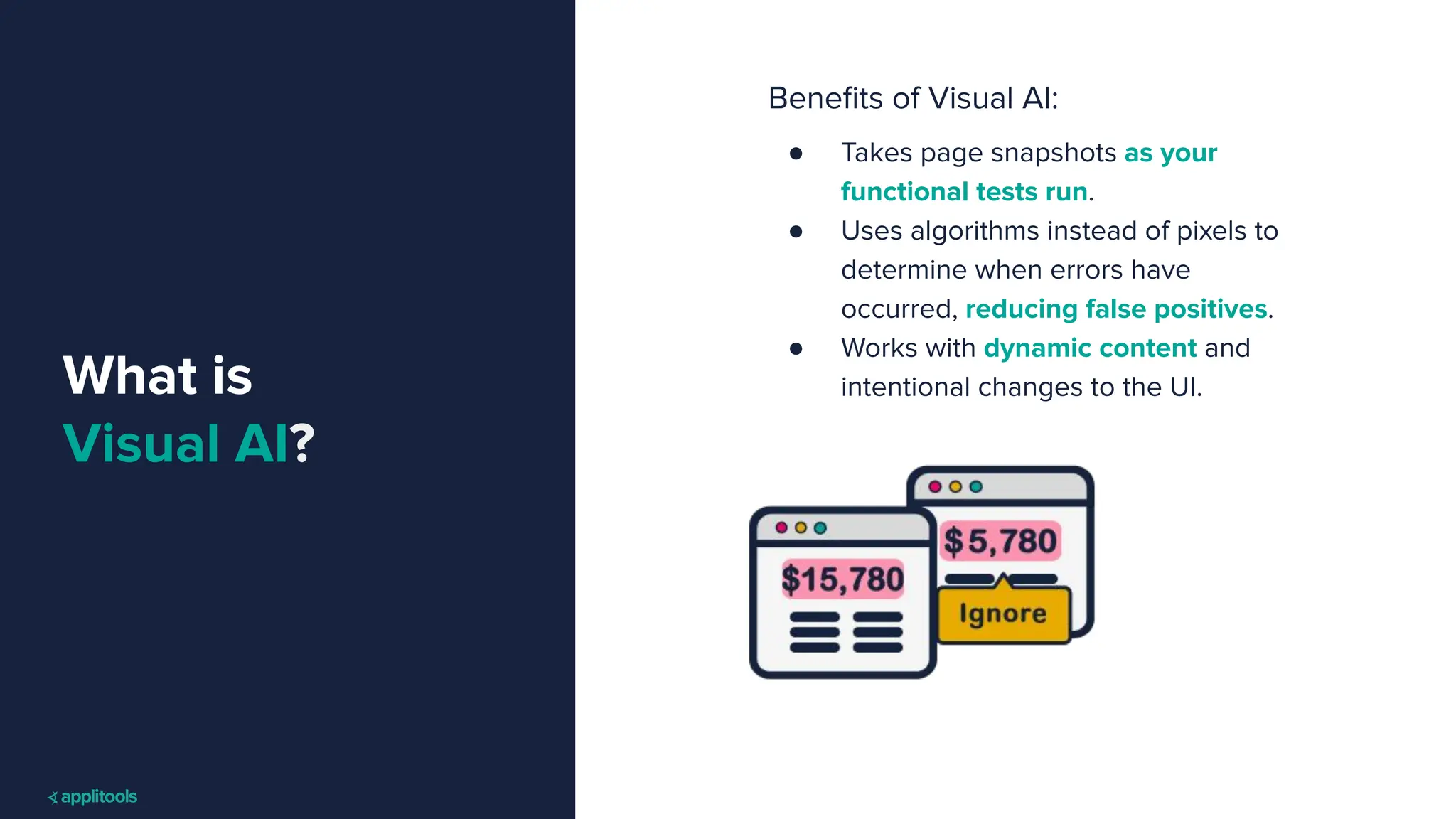 What is
Visual AI?
Beneﬁts of Visual AI:
● Takes page snapshots as your
functional tests run.
● Uses algorithms instead of pixels to
determine when errors have
occurred, reducing false positives.
● Works with dynamic content and
intentional changes to the UI.
 