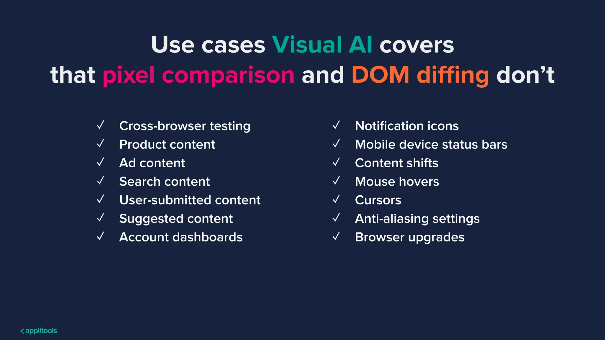 Use cases Visual AI covers
that pixel comparison and DOM diﬃng don’t
✓ Cross-browser testing
✓ Product content
✓ Ad content
✓ Search content
✓ User-submitted content
✓ Suggested content
✓ Account dashboards
✓ Notiﬁcation icons
✓ Mobile device status bars
✓ Content shifts
✓ Mouse hovers
✓ Cursors
✓ Anti-aliasing settings
✓ Browser upgrades
 