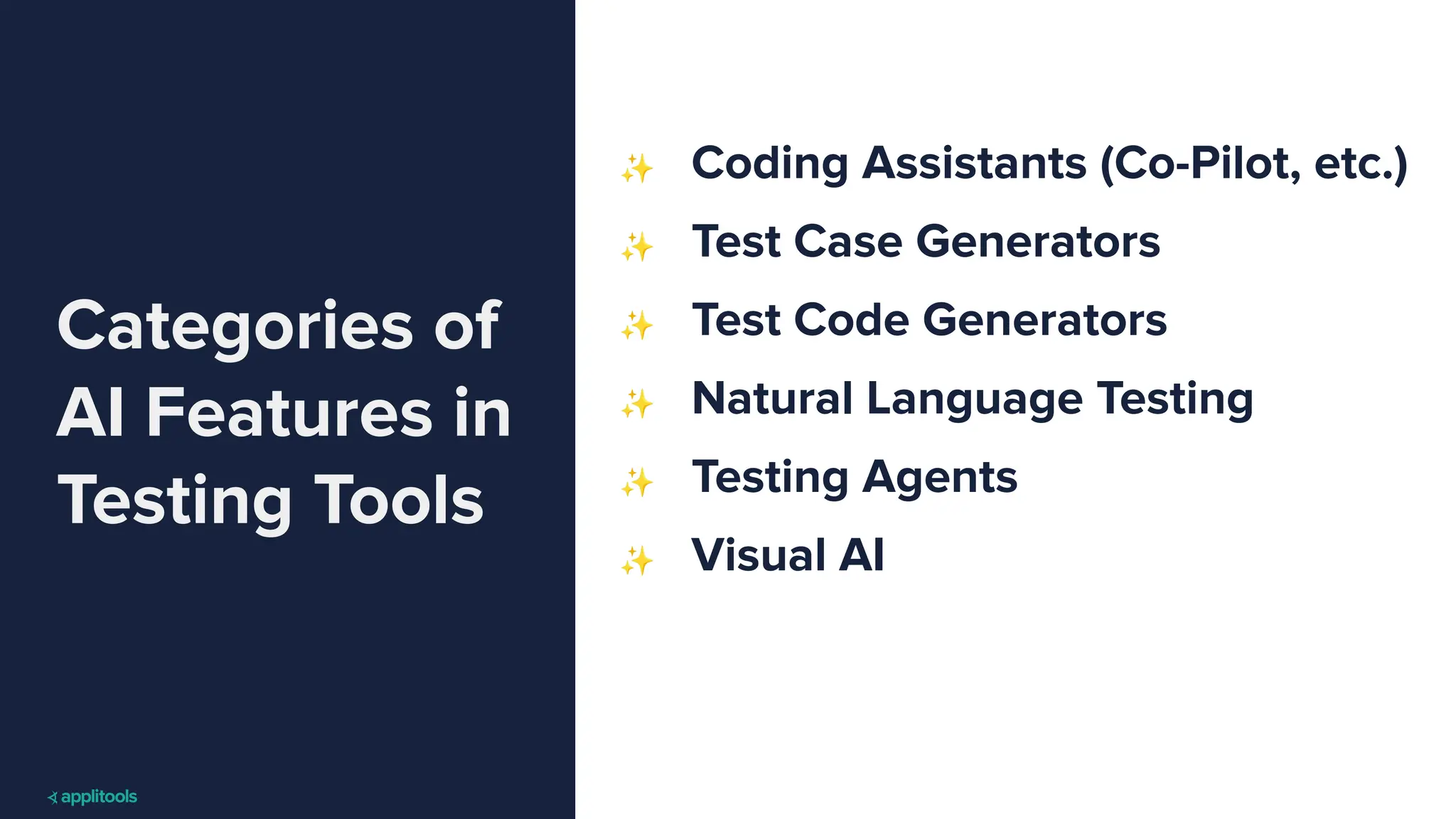 Categories of
AI Features in
Testing Tools
✨ Coding Assistants (Co-Pilot, etc.)
✨ Test Case Generators
✨ Test Code Generators
✨ Natural Language Testing
✨ Testing Agents
✨ Visual AI
 