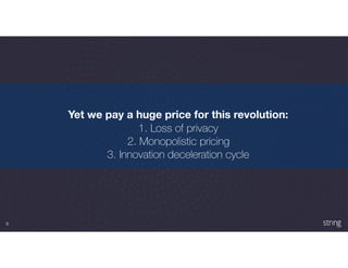 6
Yet we pay a huge price for this revolution:
1. Loss of privacy
2. Monopolistic pricing
3. Innovation deceleration cycle
 