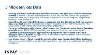 5 Microservices Do’s
• Identify Business Capabilities (or Bounded Contexts) and split your services according
to them. A s...