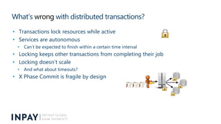What’s wrong with distributed transactions?
• Transactions lock resources while active
• Services are autonomous
• Can’t b...