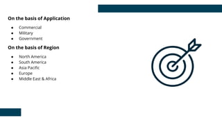 On the basis of Application
● Commercial
● Military
● Government
On the basis of Region
● North America
● South America
● Asia Paciﬁc
● Europe
● Middle East & Africa
 