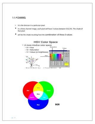 pg. 12
• It is the division in a particular pixel.
• In a three channel image, each pixel will have 3 values between 0 & 255. The shade of
that pixel
• will be the shade resulting from the combination of these 3 values
1.1.4CHANNEL
BGR
 