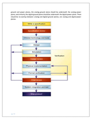pg. 50
ground and power planes, the analog ground plane should be underneath the analog power
plane, and similarly,the digitalground plane should be underneath the digitalpower plane. There
should be no overlap between analog and digital ground planes, nor analog and digital power
planes.
 