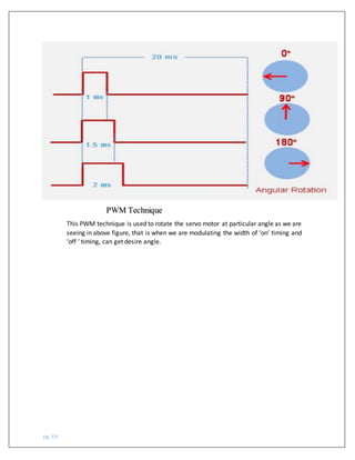 pg. 69
PWM Technique
This PWM technique is used to rotate the servo motor at particular angle as we are
seeing in above figure, that is when we are modulating the width of ‘on’ timing and
‘off ’ timing, can get desire angle.
 