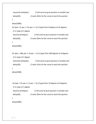 pg. 71
myservo2.write(pos); // tell servo to go to position in variable 'pos'
delay(20); // waits 20ms for the servo to reach the position
}
delay(1000);
for (pos = 0; pos <= 55; pos += 1) { // goes from 0 degrees to 55 degrees
// in steps of 1 degree
myservo.write(pos); // tell servo to go to position in variable 'pos'
delay(20); // waits 20ms for the servo to reach the position
}
delay(1000);
for (pos = 180; pos >= 0; pos -= 1) { // goes from 180 degrees to 0 degrees
// in steps of 1 degree
myservo1.write(pos); // tell servo to go to position in variable 'pos'
delay(20); // waits 15ms for the servo to reach the position
}
delay(1000);
for (pos = 55; pos >= 0; pos -= 1) { // goes from 55 degrees to 0 degrees
// in steps of 1 degree
myservo.write(pos); // tell servo to go to position in variable 'pos'
delay(20); // waits 20ms for the servo to reach the position
}
delay(1000);
 