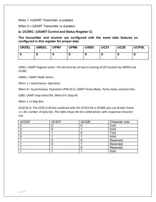 pg. 89
When 1 >USART Transmitter is enabled.
When 0 > USART Transmitter is disabled.
iii. UCSRC: (USART Control and Status Register C)
The transmitter and receiver are configured with the same data features as
configured in this register for proper data
URSEL UMSEL UPM1 UPM0 USBS UCZ1 UCZ0 UCPOL
0 0 0 0 0 0 0 0
URSEL: USART Register select. This bit must be set due to sharing of I/O location by UBRRH and
UCSRC.
UMSEL: USART Mode Select,
When 1 > Synchronous Operation.
When 0 > Asynchronous Operation UPM [0:1]: USART Parity Mode, Parity mode selection bits.
USBS: USART Stop Select Bit, When 0>1 Stop Bit
When 1 >2 Stop Bits
UCSZ [0:1]: The UCSZ [1:0] bits combined with the UCSZ2 bit in UCSRB sets size of data frame
i.e., the number of data bits. The table shows the bit combinations with respective character
size
UCSZ2 UCSZ1 UCSZ0 Character size
0 0 0 5-bit
0 0 1 6-bit
0 1 0 7-bit
0 1 1 8-bit
1 0 0 Reserved
1 0 1 Reserved
1 1 0 Reserved
1 1 1 9-bit
 