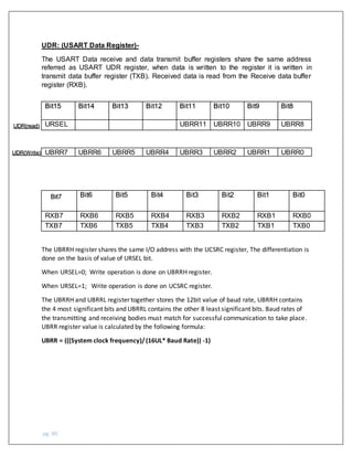 pg. 90
UDR: (USART Data Register)-
The USART Data receive and data transmit buffer registers share the same address
referred as USART UDR register, when data is written to the register it is written in
transmit data buffer register (TXB). Received data is read from the Receive data buffer
register (RXB).
The UBRRH register shares the same I/O address with the UCSRC register, The differentiation is
done on the basis of value of URSEL bit.
When URSEL=0; Write operation is done on UBRRH register.
When URSEL=1; Write operation is done on UCSRC register.
The UBRRH and UBRRL register together stores the 12bit value of baud rate, UBRRH contains
the 4 most significant bits and UBRRL contains the other 8 least significant bits. Baud rates of
the transmitting and receiving bodies must match for successful communication to take place.
UBRR register value is calculated by the following formula:
UBRR = (((System clock frequency)/(16UL* Baud Rate)) -1)
Bit15 Bit14 Bit13 Bit12 Bit11 Bit10 Bit9 Bit8
URSEL UBRR11 UBRR10 UBRR9 UBRR8
UBRR7 UBRR6 UBRR5 UBRR4 UBRR3 UBRR2 UBRR1 UBRR0
Bit6 Bit5 Bit4 Bit3 Bit2 Bit1 Bit0
RXB7 RXB6 RXB5 RXB4 RXB3 RXB2 RXB1 RXB0
TXB7 TXB6 TXB5 TXB4 TXB3 TXB2 TXB1 TXB0
UDR(read)
UDR(Write)
Bit7
 