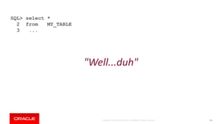 Copyright © 2018, Oracle and/or its affiliates. All rights reserved. | 116
SQL> select *
2 from MY_TABLE
3 ...
"Well...duh"
 