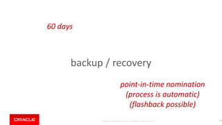 Copyright © 2018, Oracle and/or its affiliates. All rights reserved. |
backup / recovery
157
point-in-time nomination
(process is automatic)
(flashback possible)
60 days
 